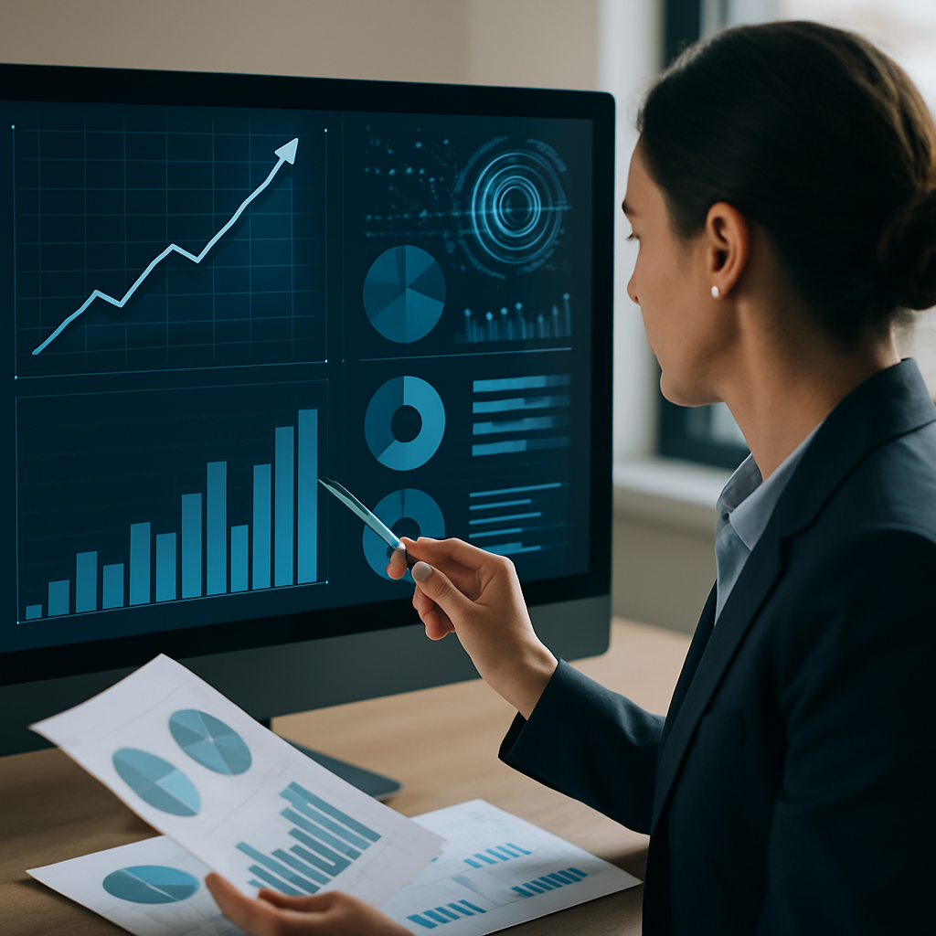 Business professional reviewing data-driven growth strategies on a digital dashboard with AI-powered analytics and clear performance metrics