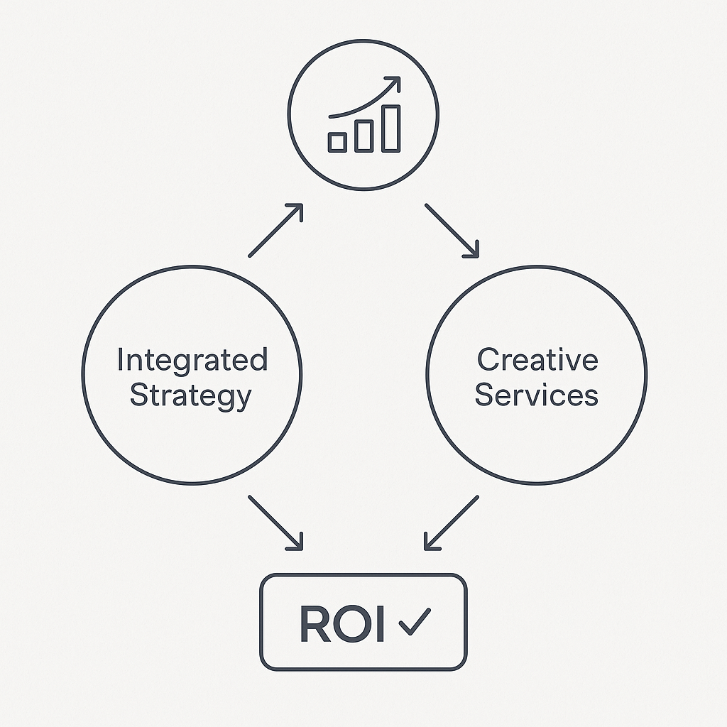 Clean, minimalist diagram showing Walk West's integrated strategy and creative services approach with measurable ROI